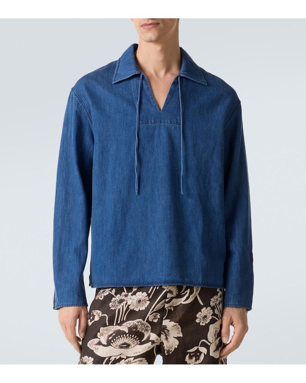 Commas Blue Tie-Neck Denim Shirt for men