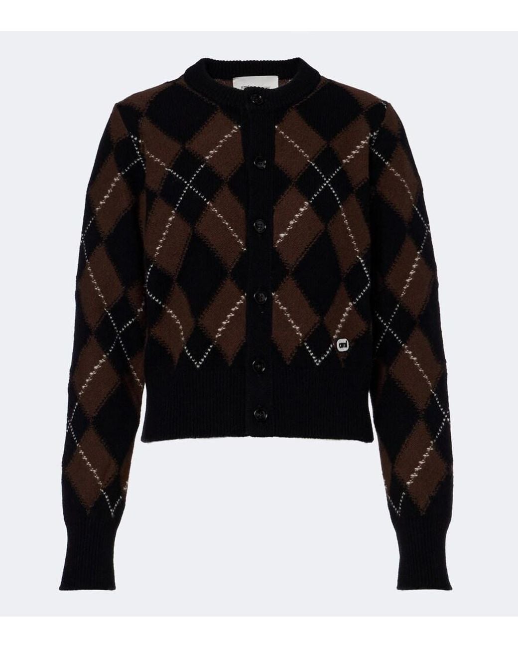 AMI Black Argyle Virgin Wool Cardigan