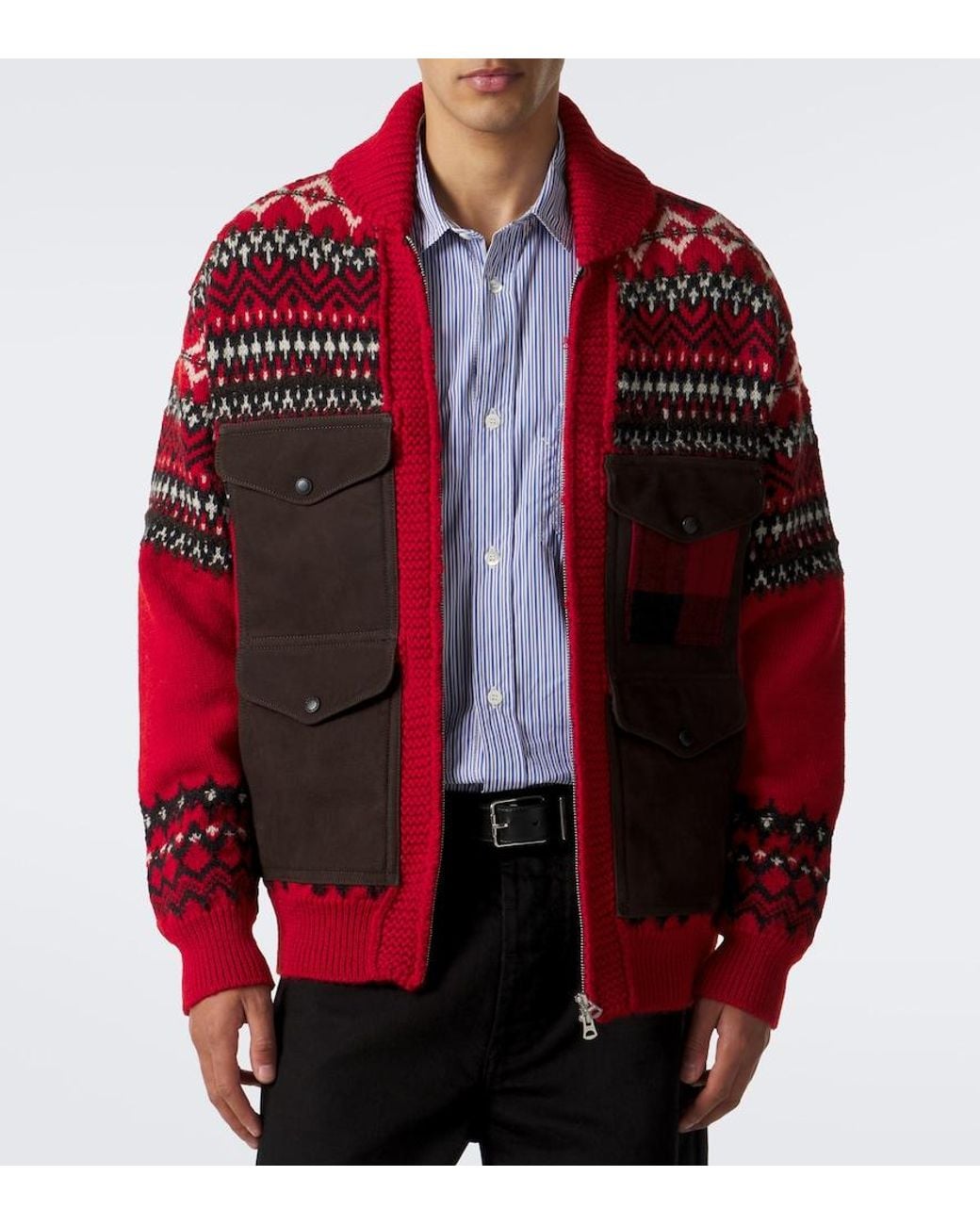 Junya Watanabe Red Suede-Trimmed Wool Zip-Up Cardigan for men