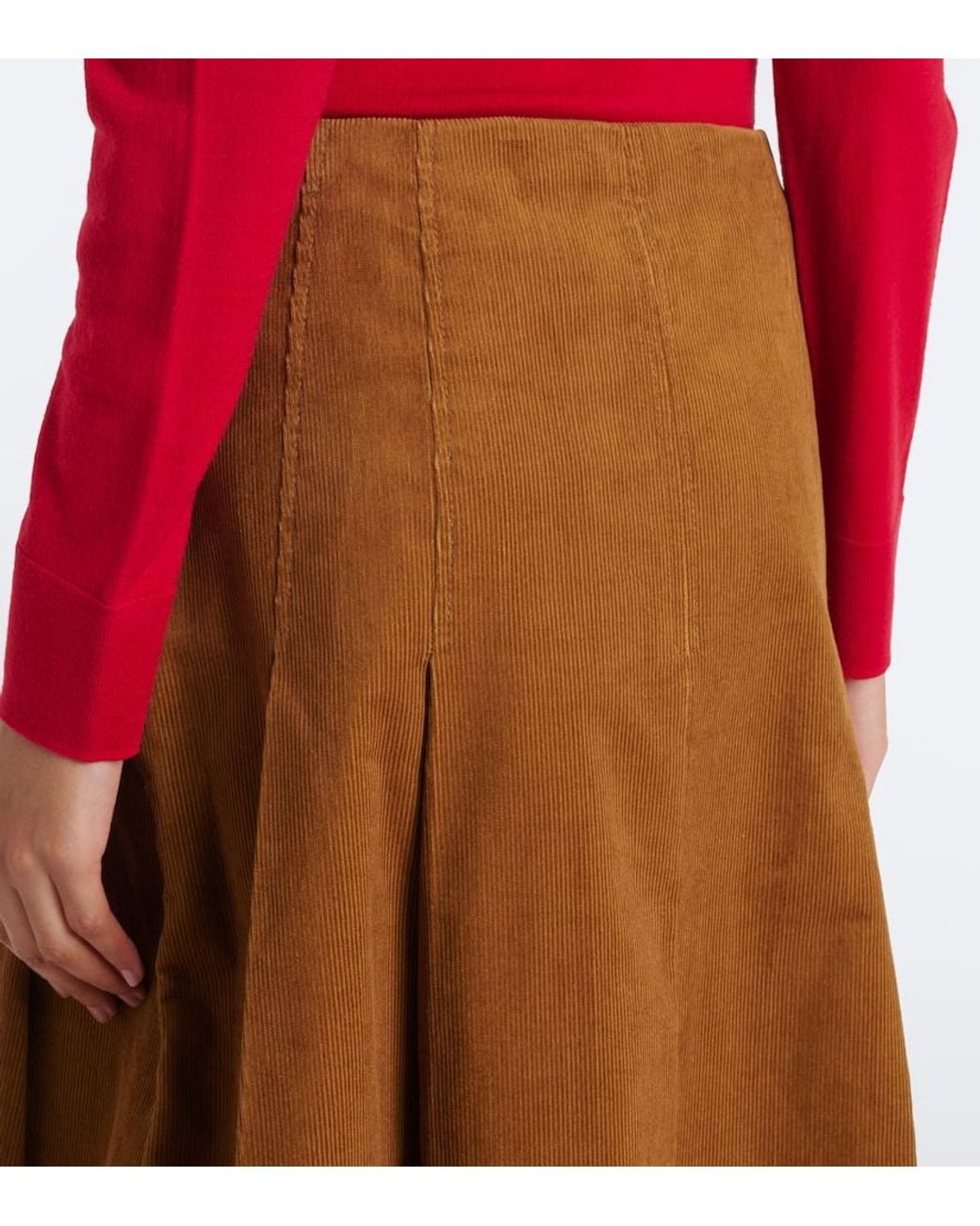 Tory Burch Brown Pleated Cotton Corduroy Midi Skirt