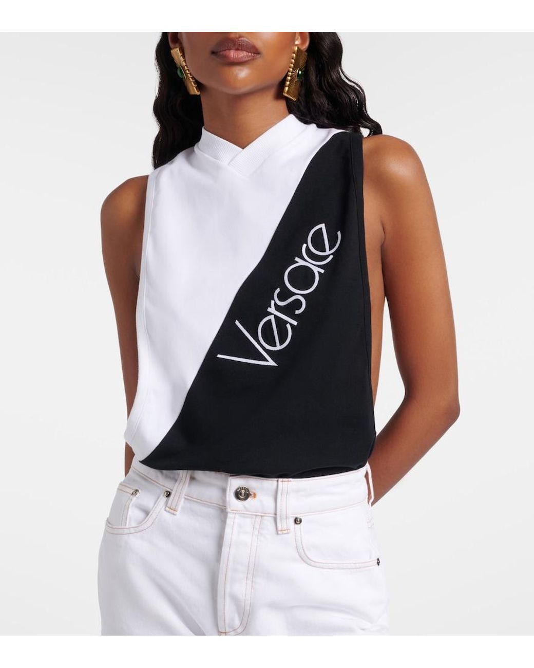 Versace Black Logo Embroidered Cotton-Blend Tank Top