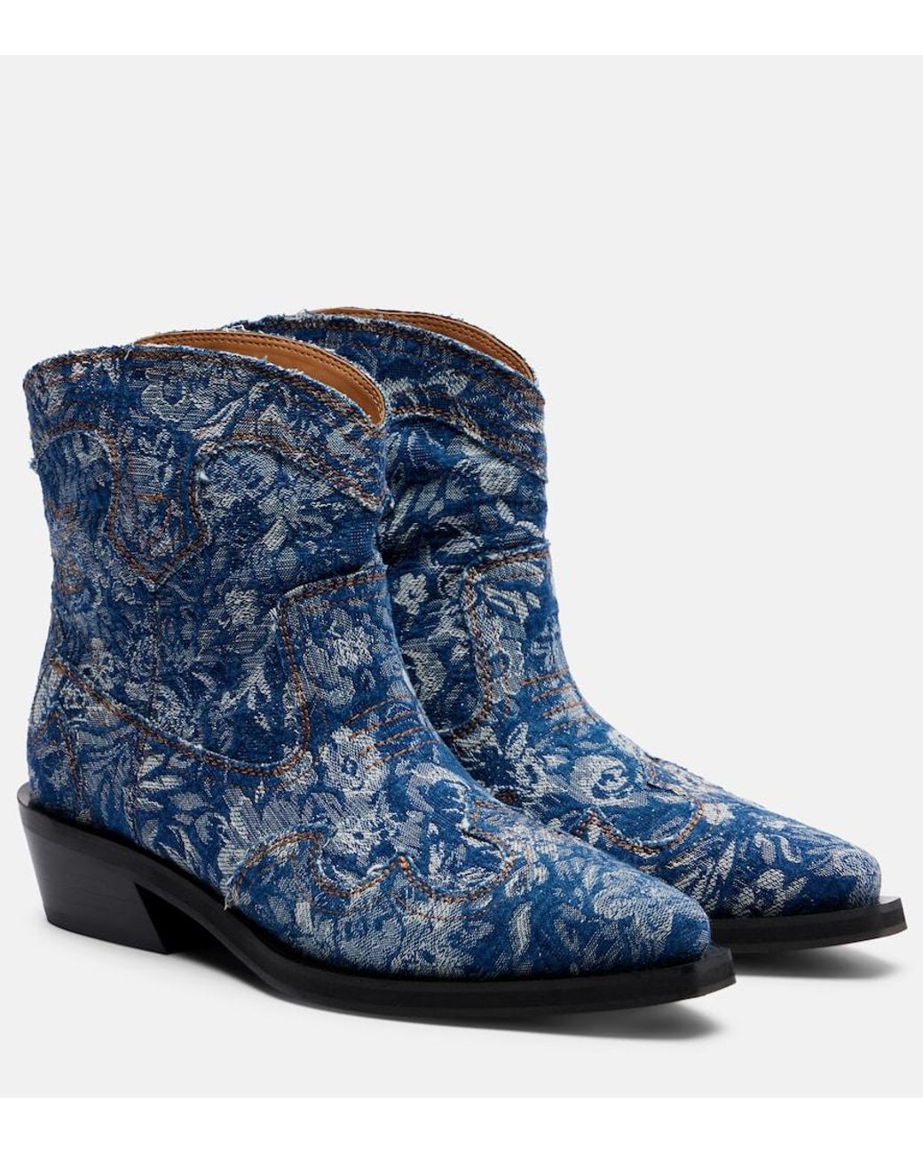 Ganni Blue Low Shaft Embroidered Jacquard Cowboy Boots