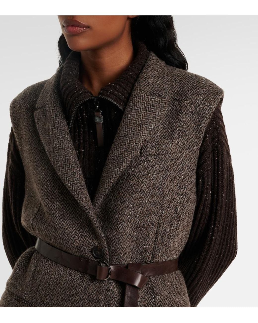 Brunello Cucinelli Gray Monili Herringbone Sequined Wool-Blend Vest