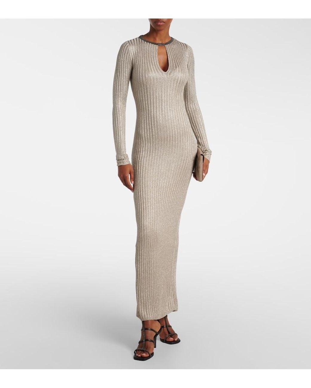Brunello Cucinelli Gray Monili Ribbed-Knit Lame Maxi Dress