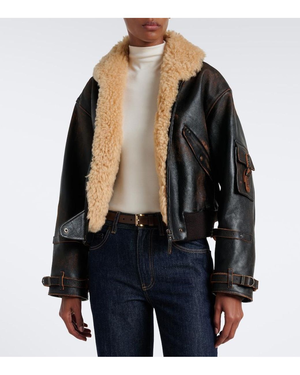 Ralph Lauren Black Lianne Shearling-Trimmed Leather Jacket