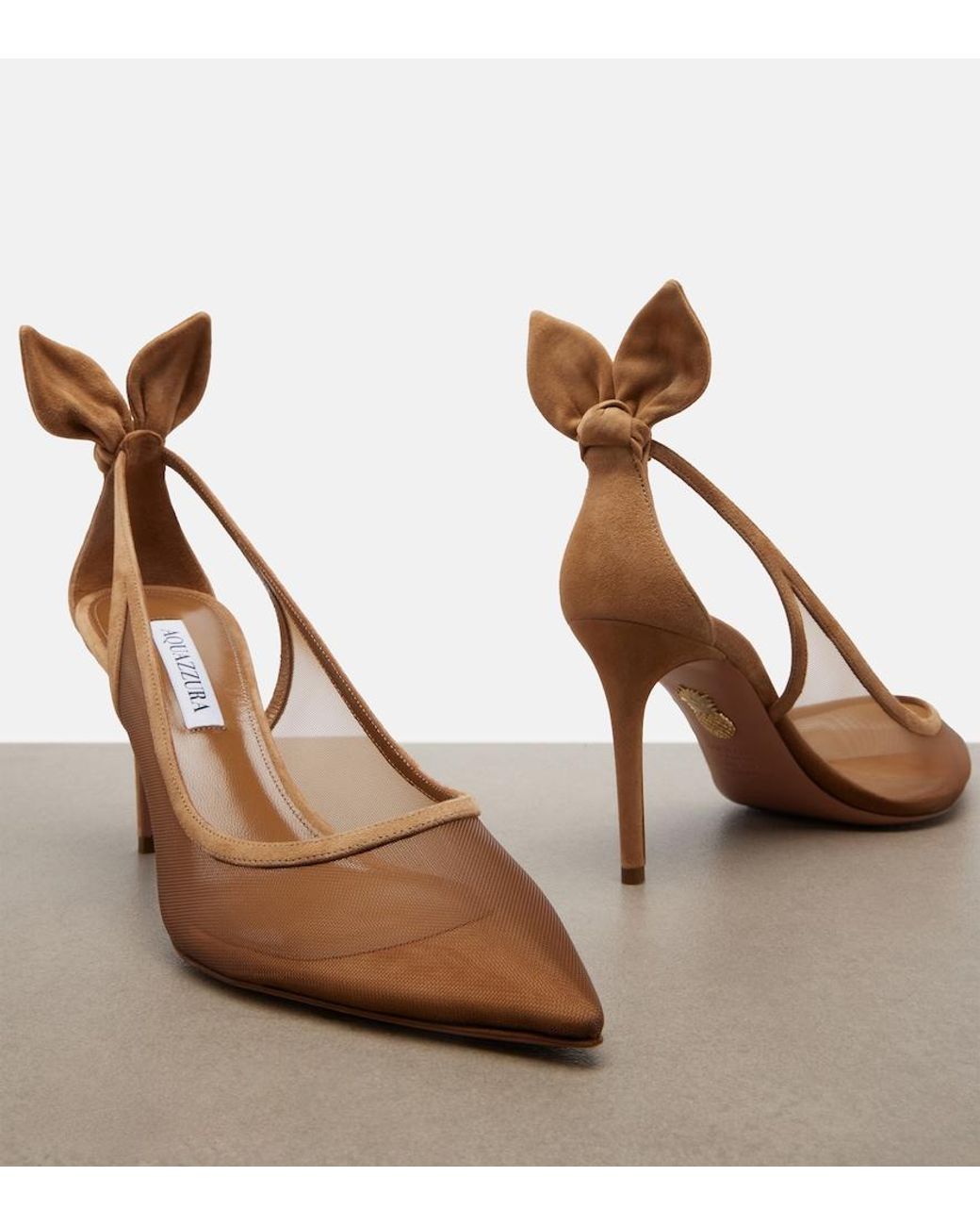 Aquazzura Brown Bow Tie Suede-Trimmed Mesh Pumps