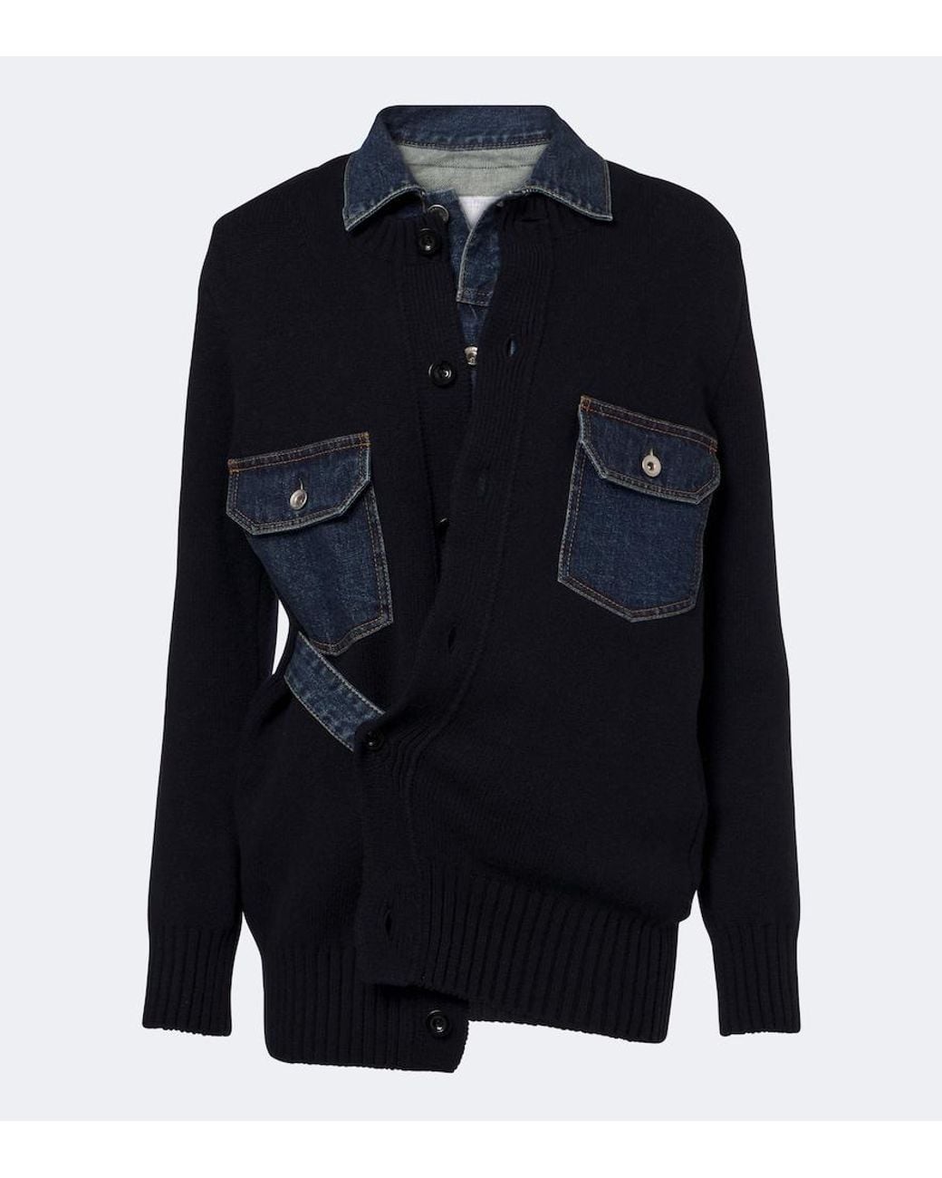 Sacai Blue Layered Wool-Blend And Denim Cardigan
