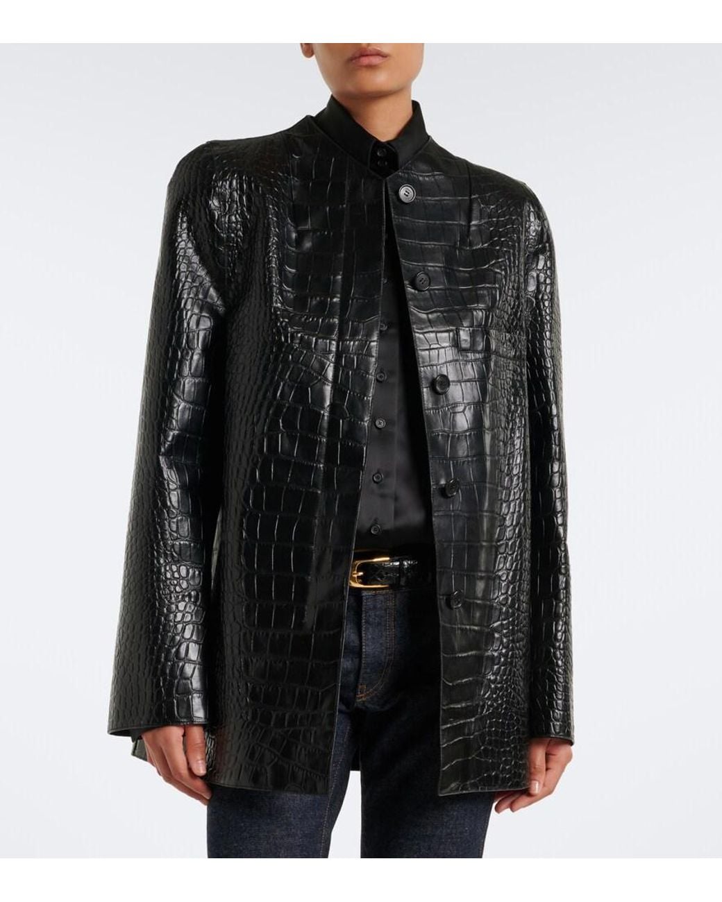 Khaite Black Sadie Croc-Effect Leather Coat