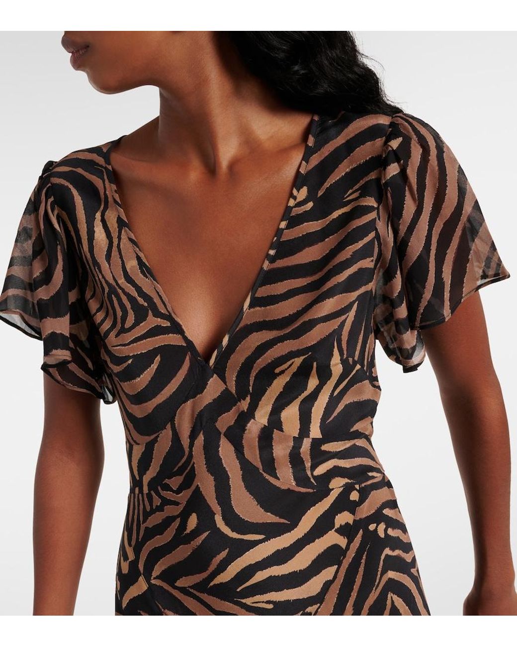 Rixo Brown Women's Evie Silk Crepe De Chine Tiger Patchwork Midi Dress