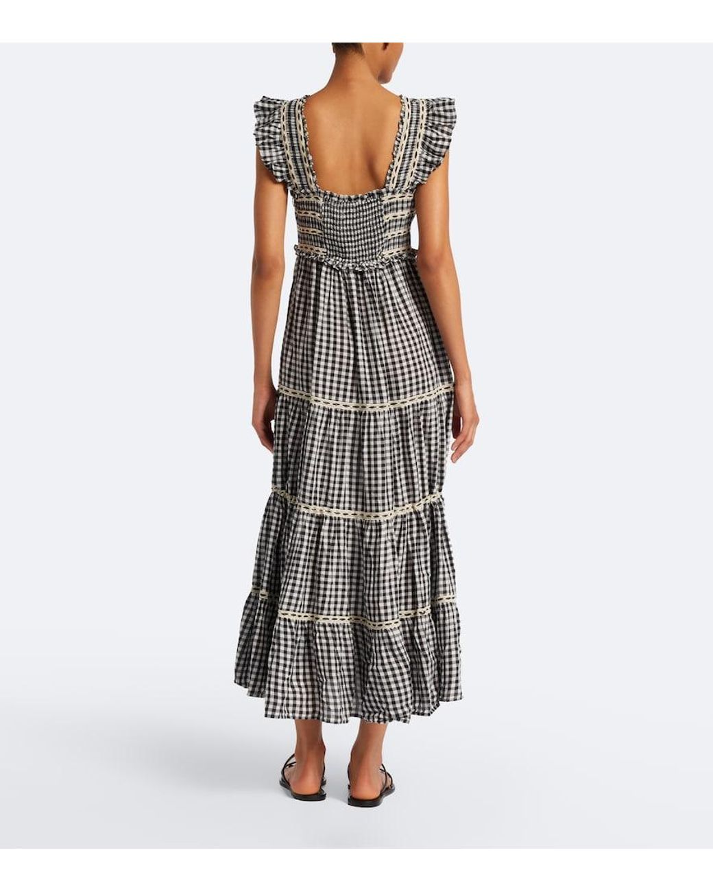 Rixo Gray Chandra Checked Tiered Cotton Midi Dress