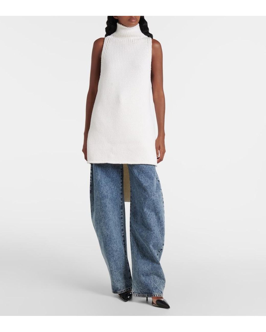 Alaïa White Caped Wool Turtleneck Top
