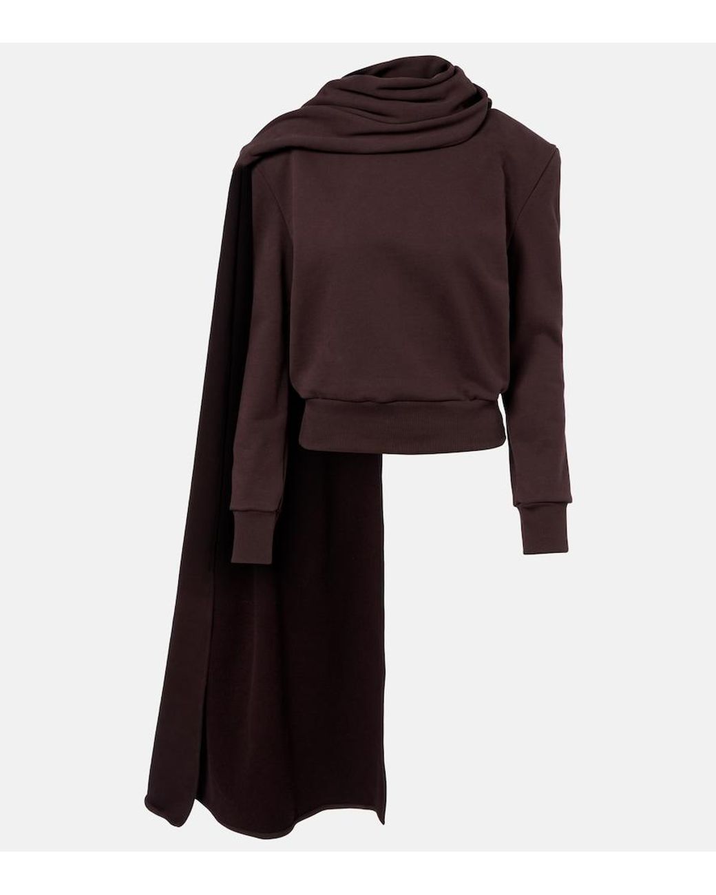 Magda Butrym Brown Draped Scarf-Detail Cotton Sweatshirt