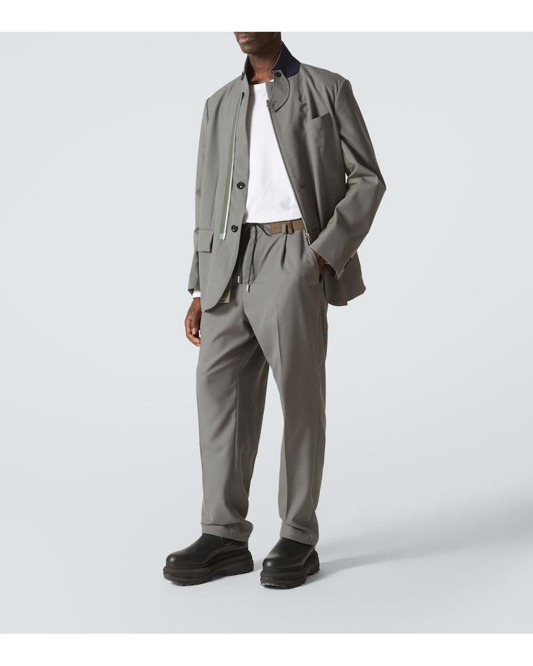 Sacai Gray Mid-Rise Wide-Leg Pants for men