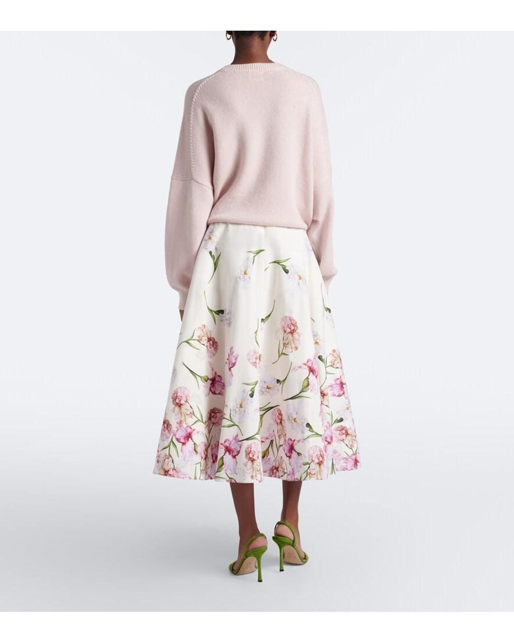 Oscar de la Renta Pink Floral Cotton-Blend Poplin Midi Skirt