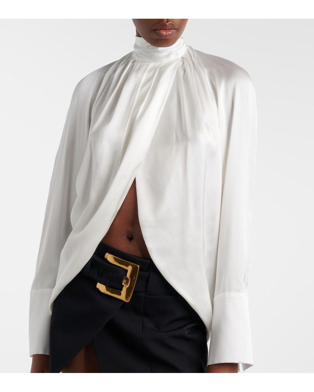 Balmain White Draped Silk Satin Blouse