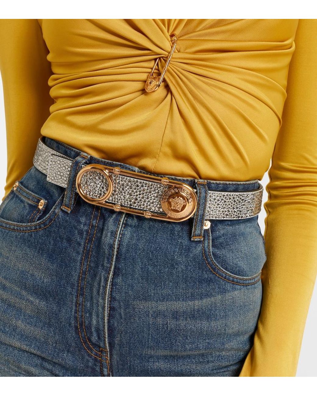Versace Natural Safety Pin Embellished Leather Belt
