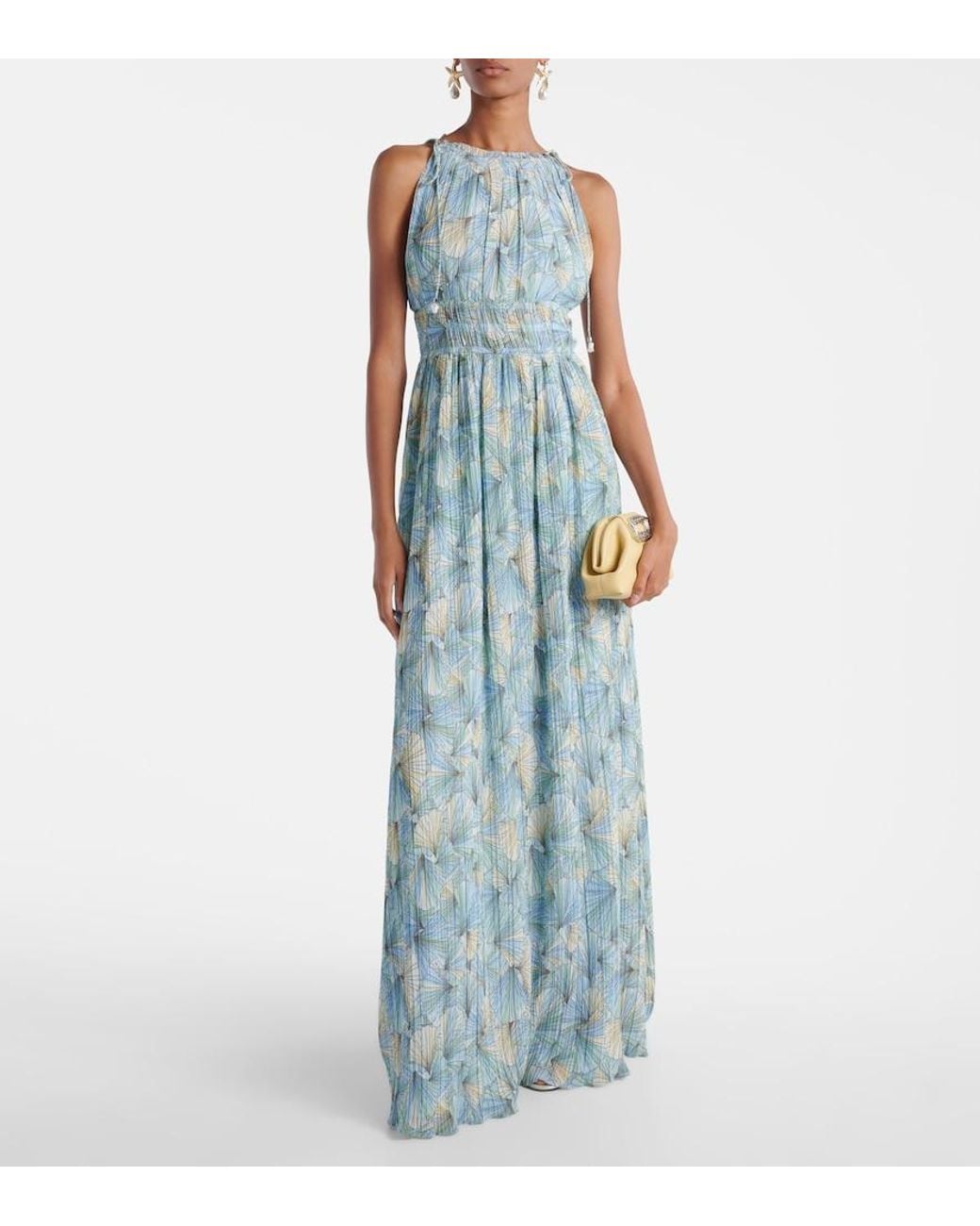 Veronica Beard Blue Yardley Floral Pleated Chiffon Gown
