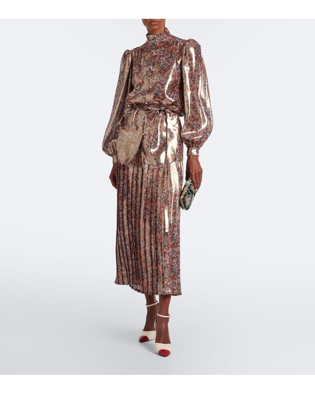 Valentino Garavani Brown Floral Silk-Blend Lame Blouse