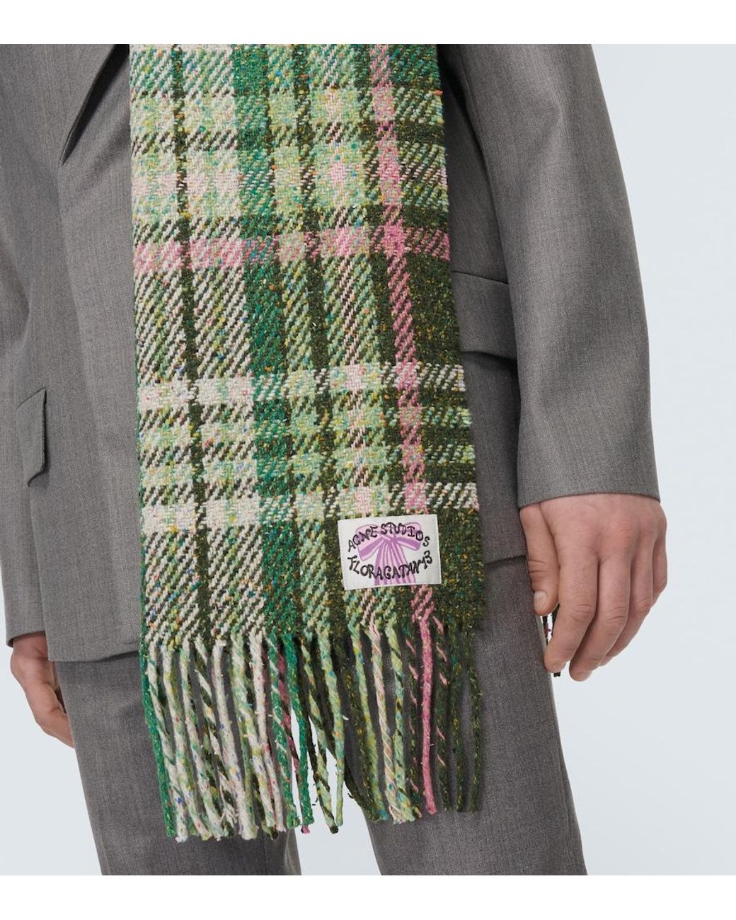 Acne Green Fringed Checked Scarf for men