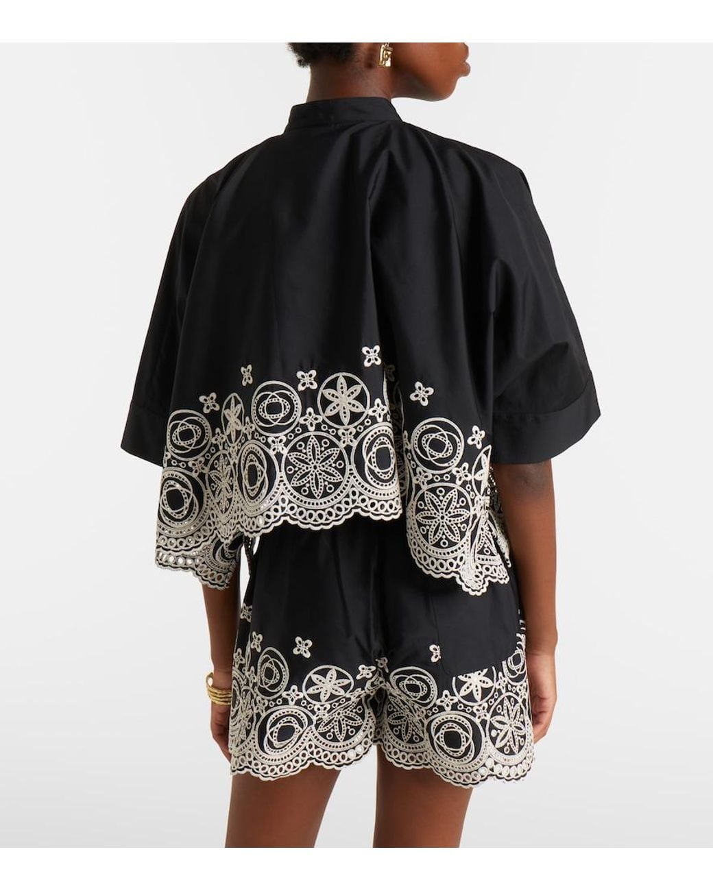 LaDoubleJ Black Foulard Embroidered Cropped Cotton Shirt