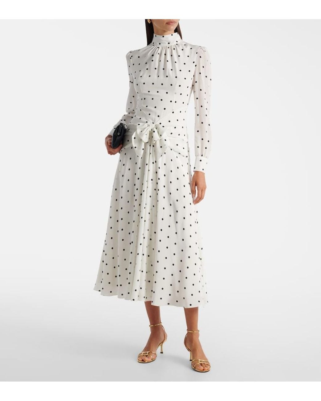 Alessandra Rich White Polka-Dot Silk Midi Dress