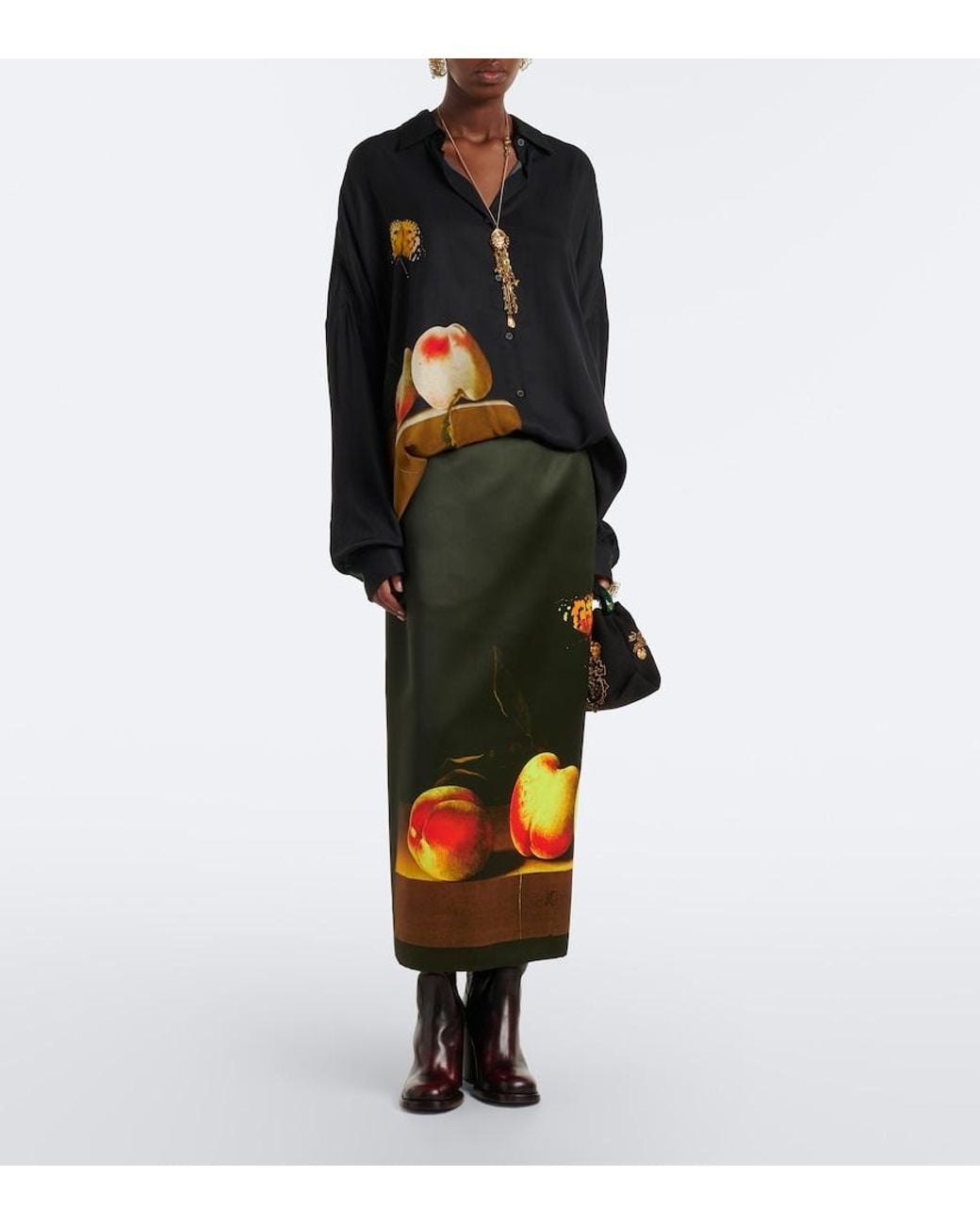 Dries Van Noten Black Printed Satin Midi Skirt