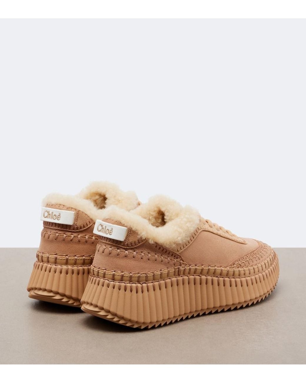 Chloé Natural Nama Shearling-Lined Suede Platform Sneakers
