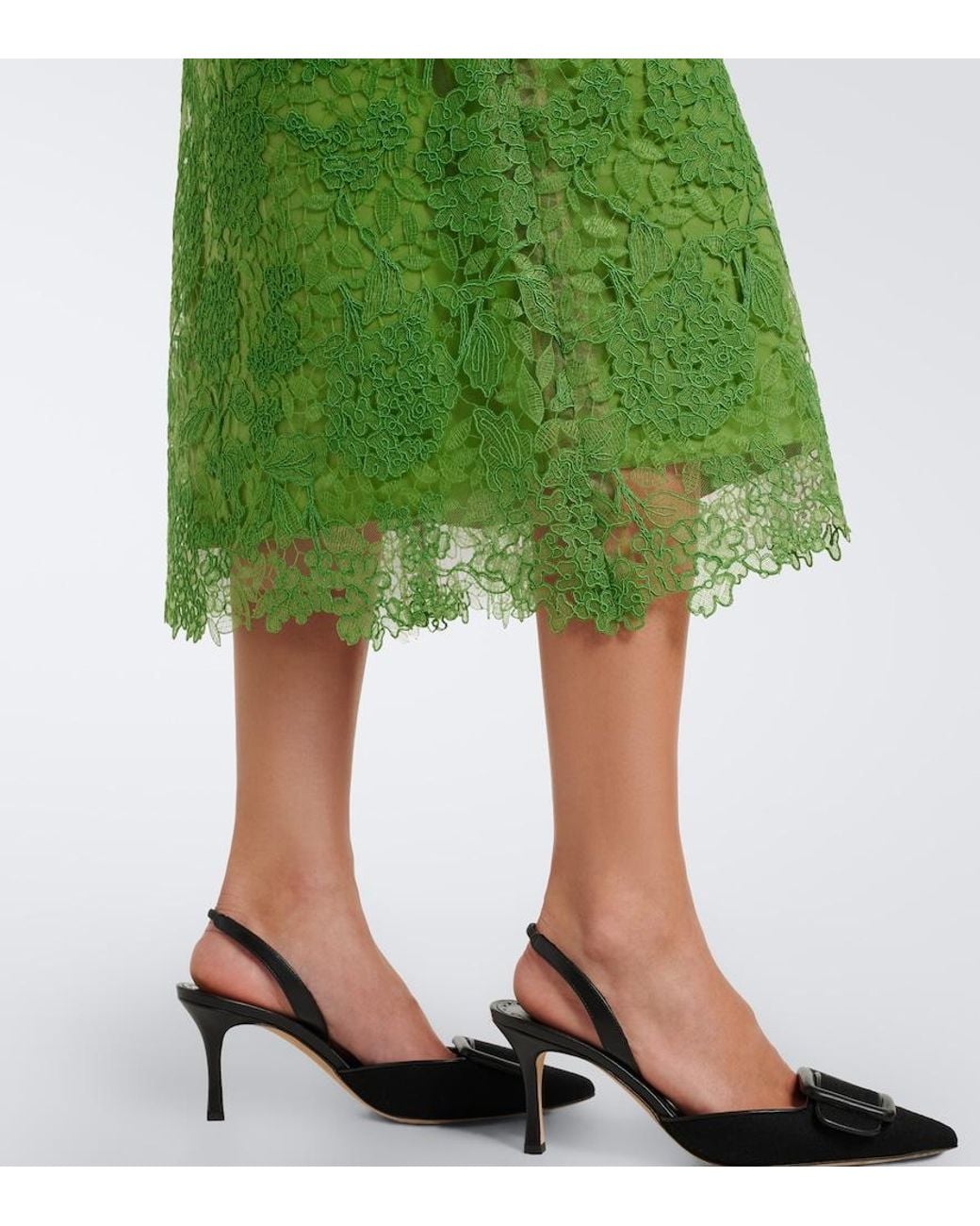 Carolina Herrera Green Floral Lace Midi Skirt