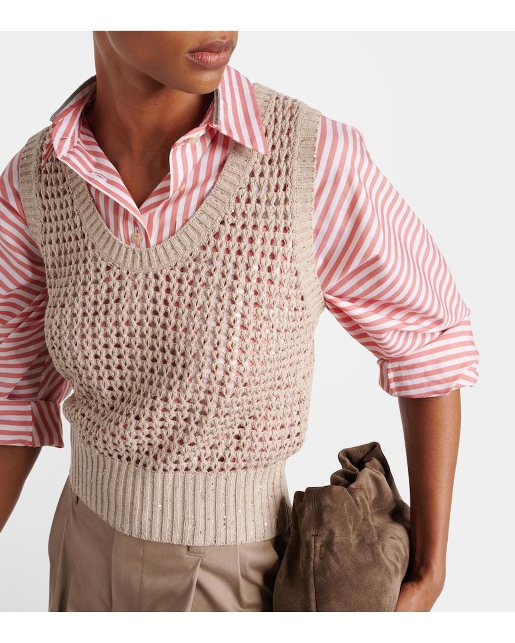 Brunello Cucinelli Natural Sequined Open-Knit Cotton-Blend Vest