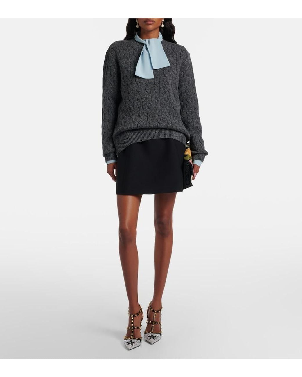 Valentino Garavani Gray Cable-Knit Virgin Wool Mouline Sweater