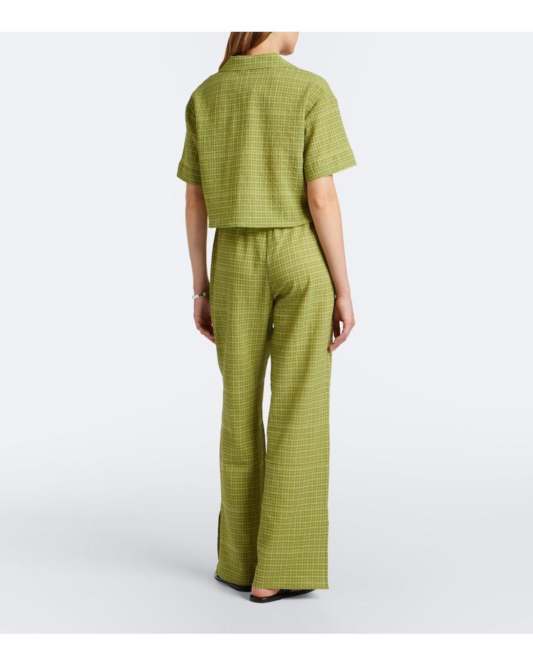 Asceno Green Loreto Checked Cotton Wide-Leg Pants