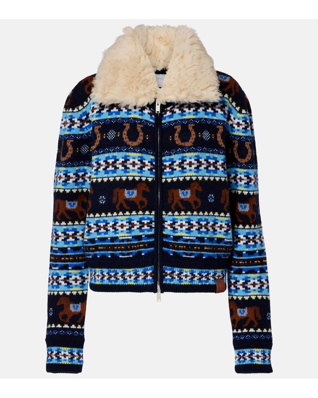 Stella McCartney Blue Intarsia Virgin Wool Zip-Up Cardigan