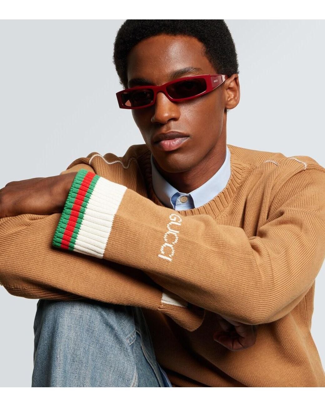 Gucci Brown Logo Rectangular Sunglasses for men