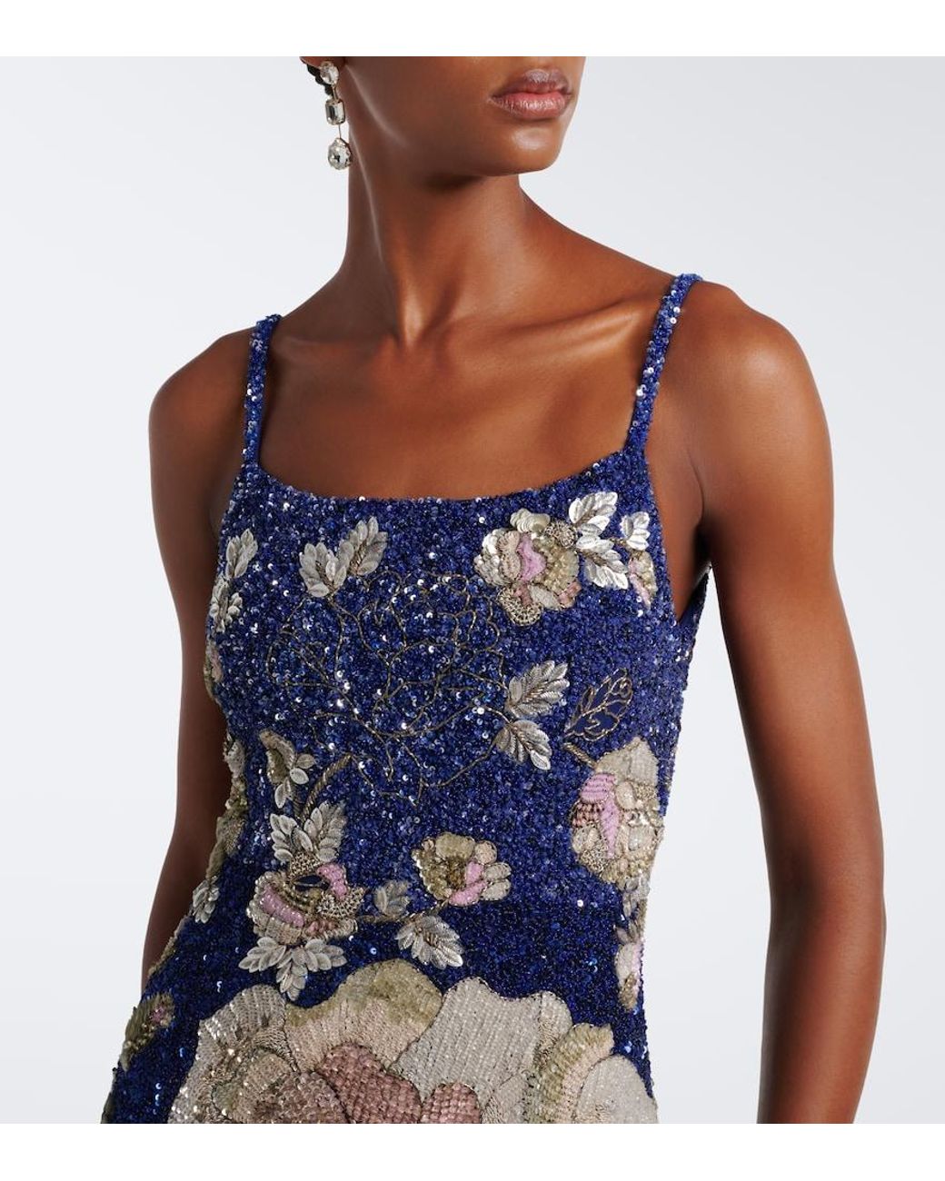 La Fuori Blue Sequined Floral Gown