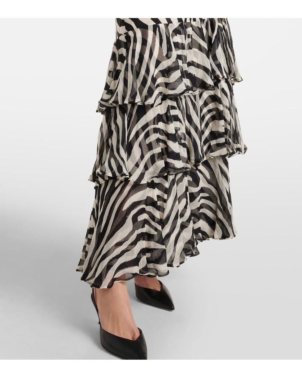 Rixo White Amelle Zebra-Print Ruffled Silk Maxi Dress