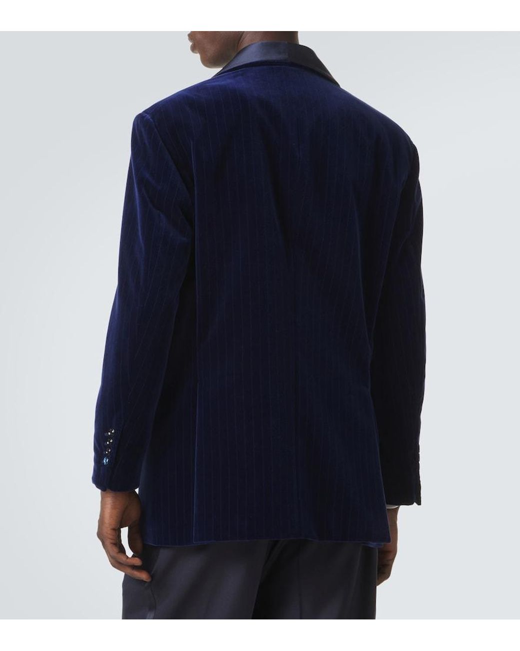 Brunello Cucinelli Blue Pinstripe Cotton Velvet Tuxedo Jacket for men