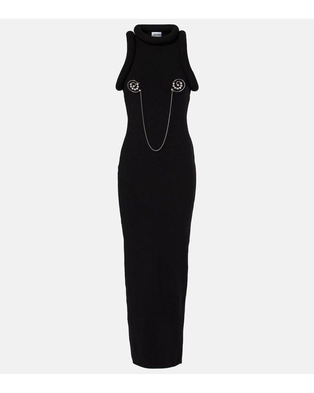 Jean Paul Gaultier Black Elegant Long Dress With 3D Chest Detail And Structured Horizontal Wiring
