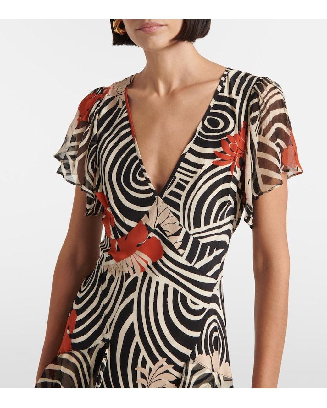 Rixo Metallic Evie Printed Ruffled Silk Maxi Dress