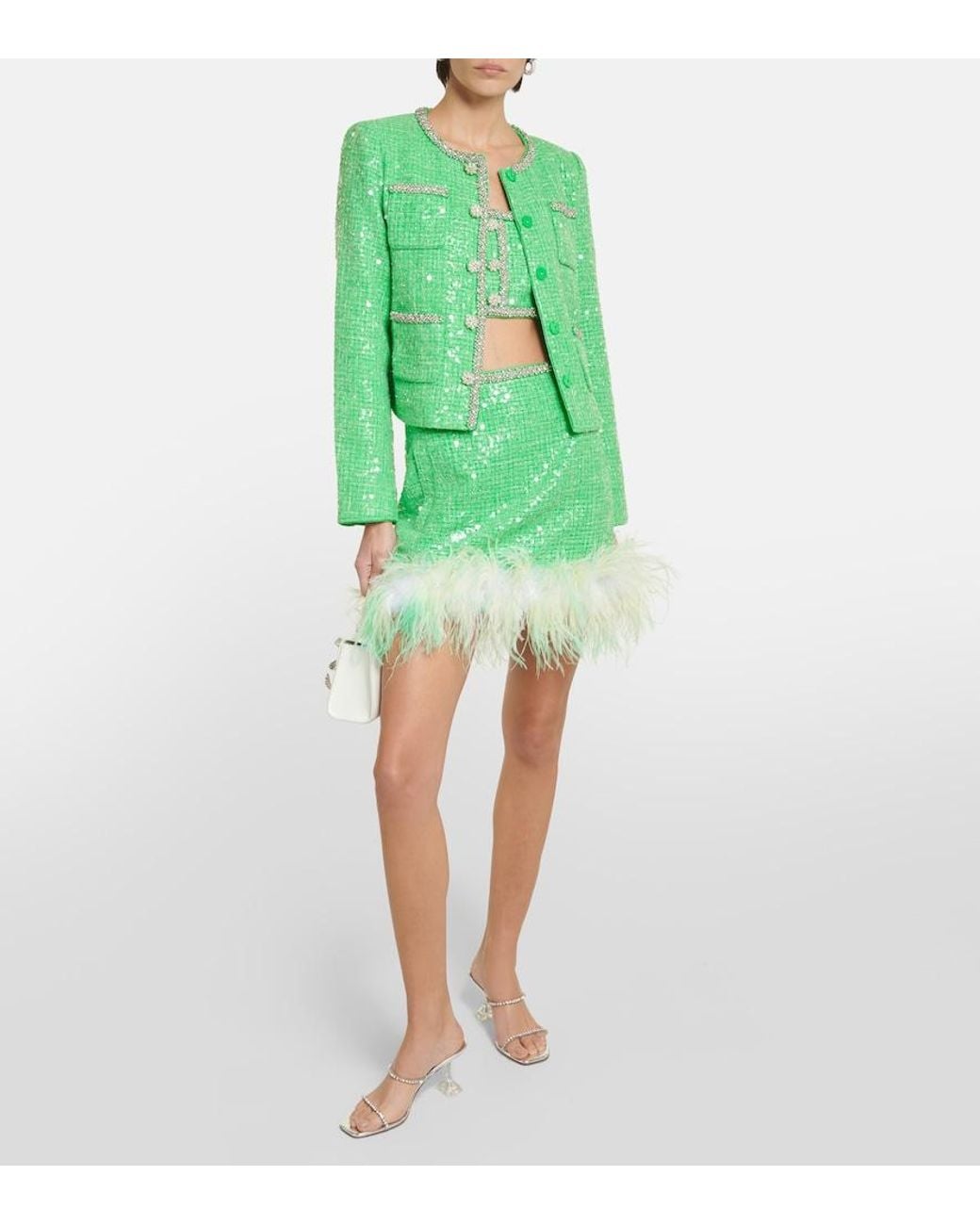 Self-Portrait Green Feather-Trimmed Sequined Boucle Miniskirt