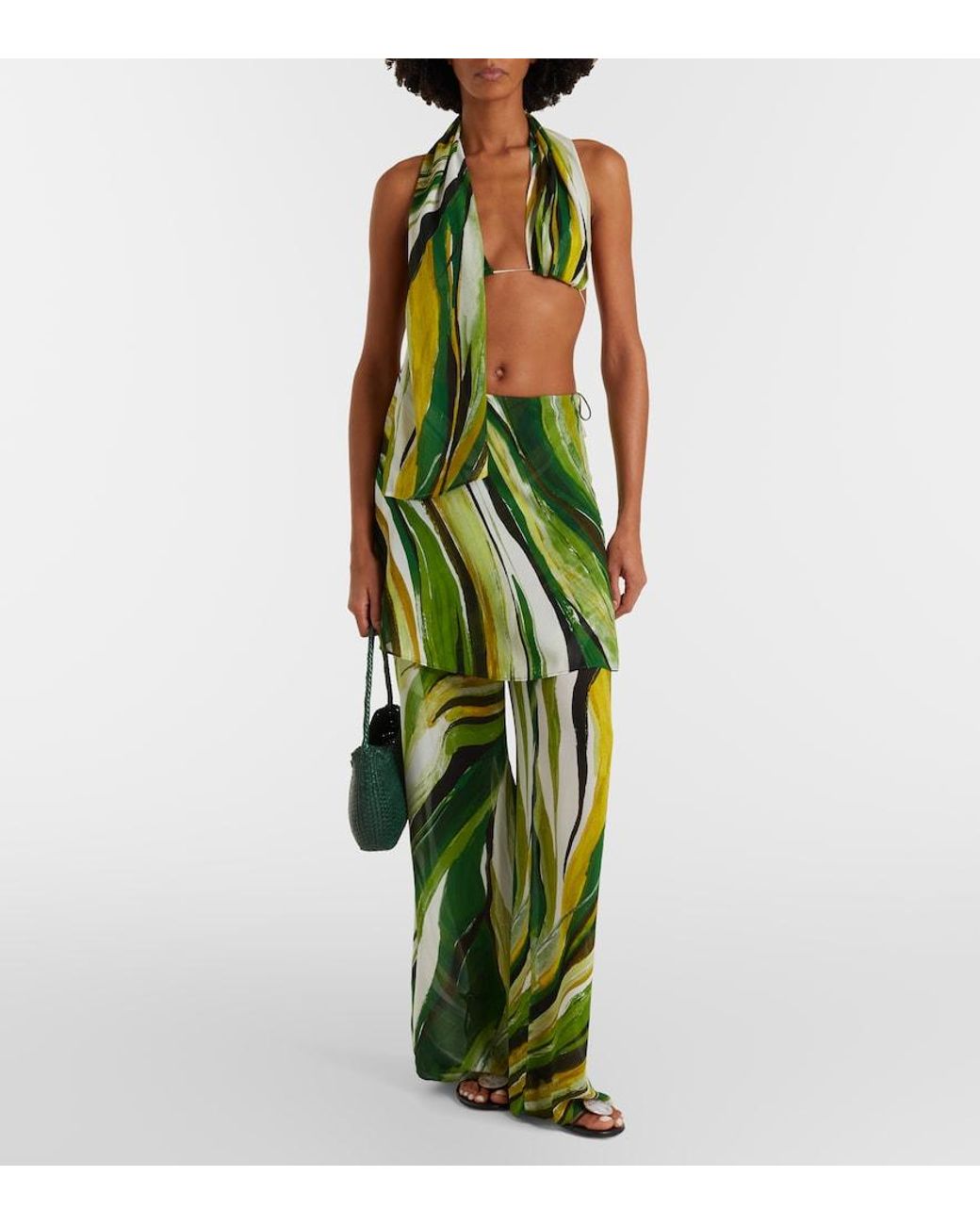 Christopher Esber Green Printed Silk Wide-Leg Pants