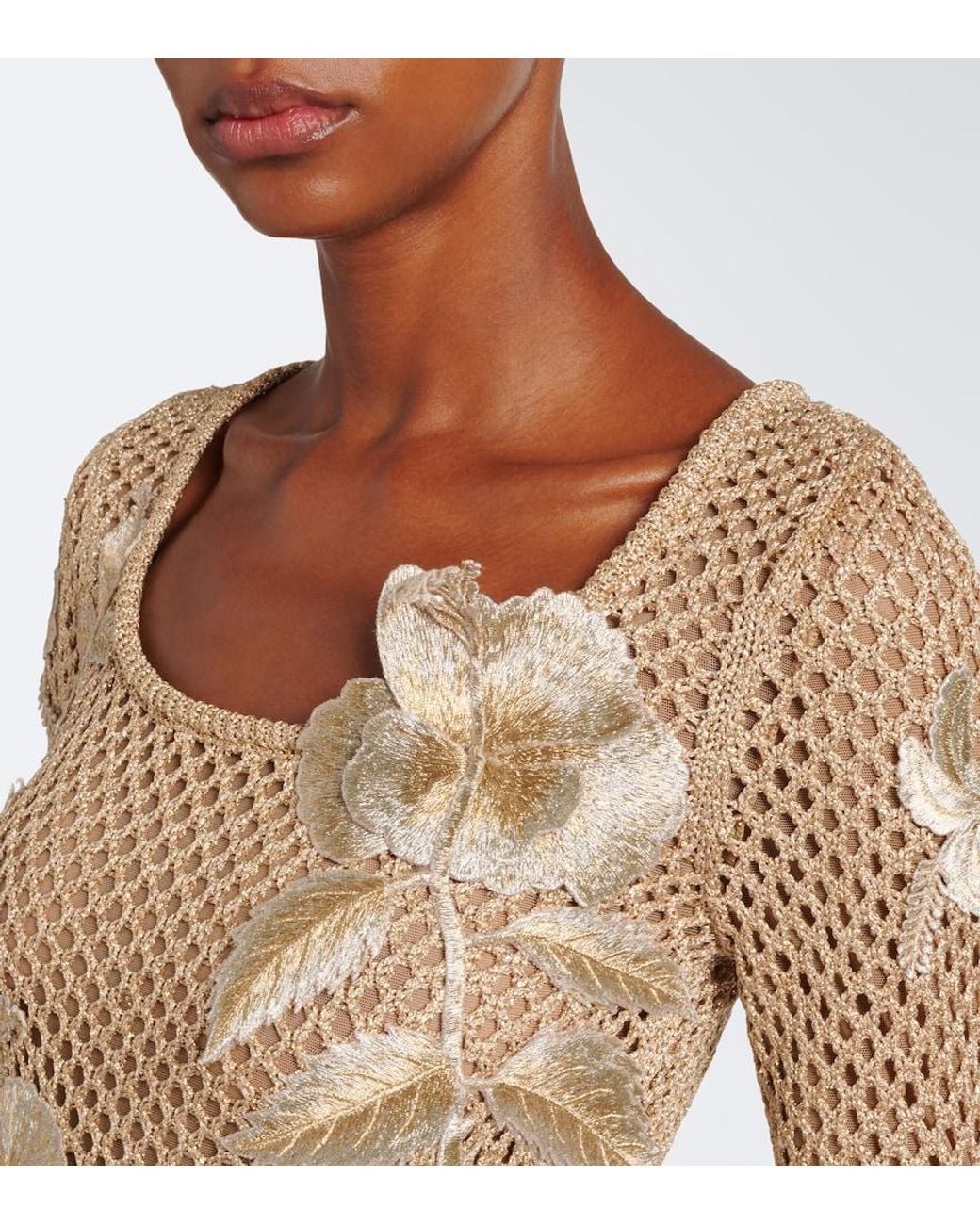 Oscar de la Renta Natural Floral-Applique Open-Knit Midi Dress