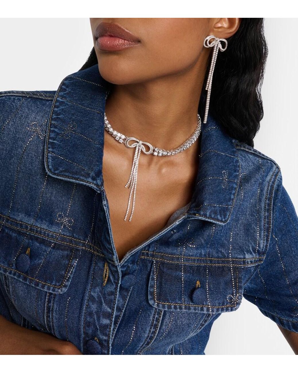 Self-Portrait White Bow Crystal-Embellished Choker