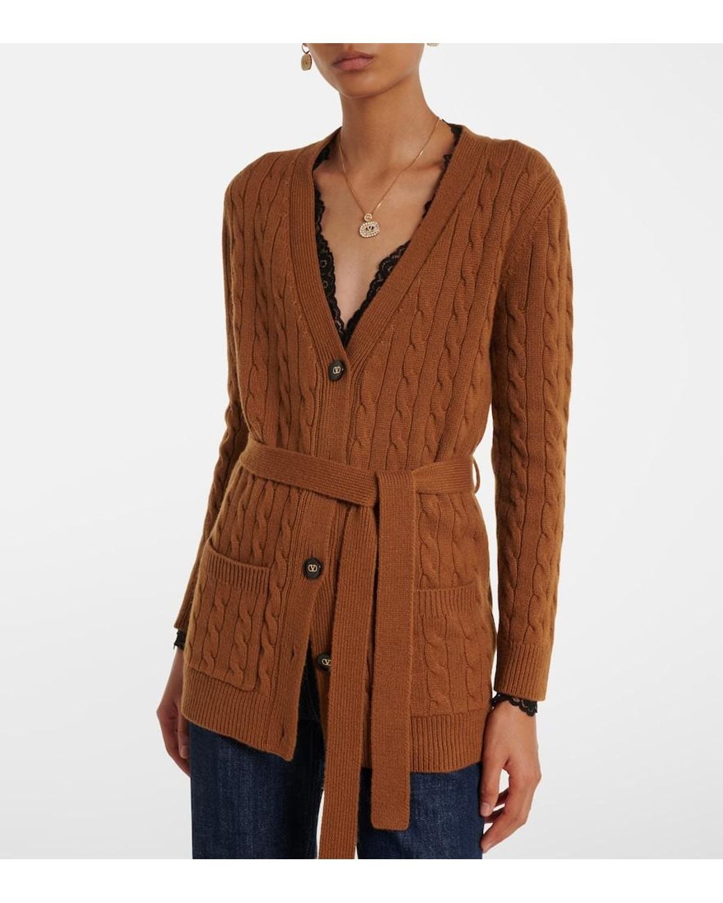 Valentino Garavani Brown Cable-Knit Cashmere Cardigan