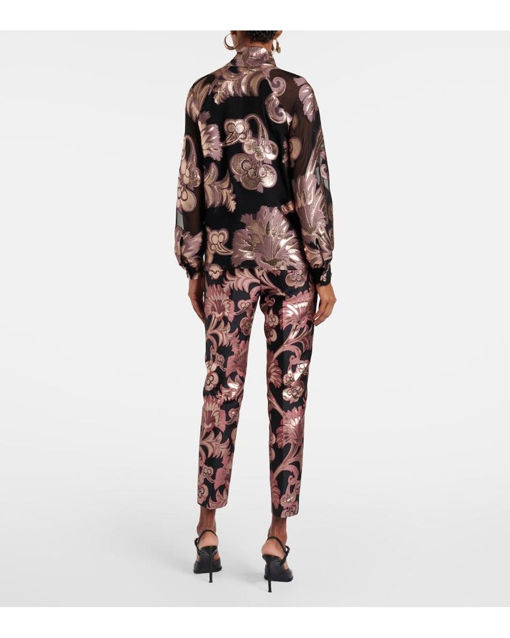 Etro Brown Semi-Sheer Tie-Neck Lame Blouse