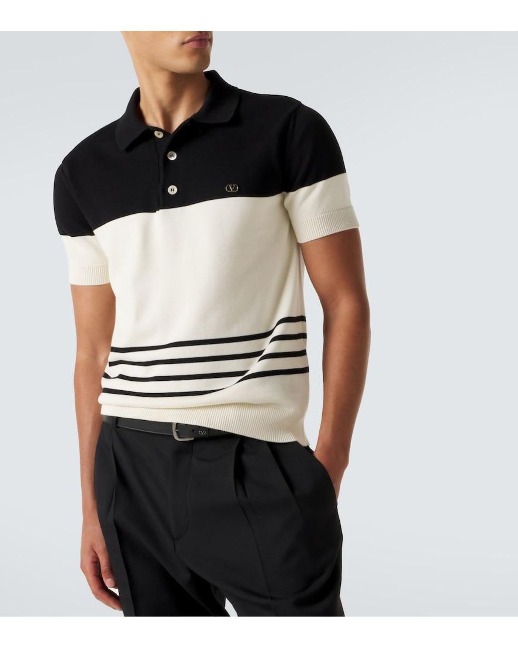 Valentino Garavani Black Vlogo Striped Cotton Polo Sweater for men