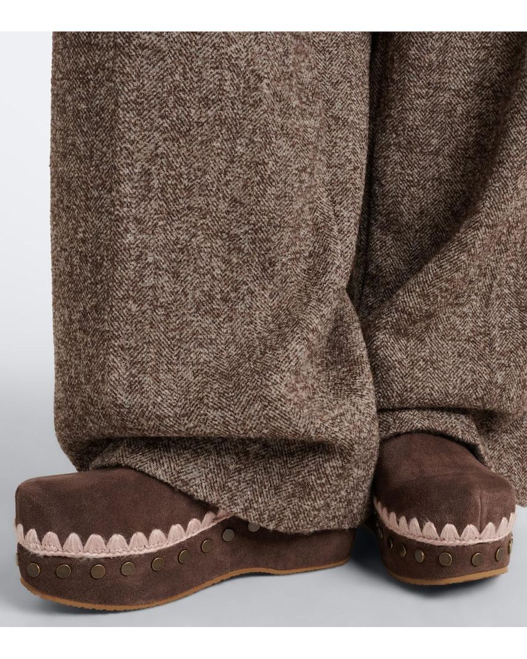 Mou Brown Shearling-Lined Suede Clogs