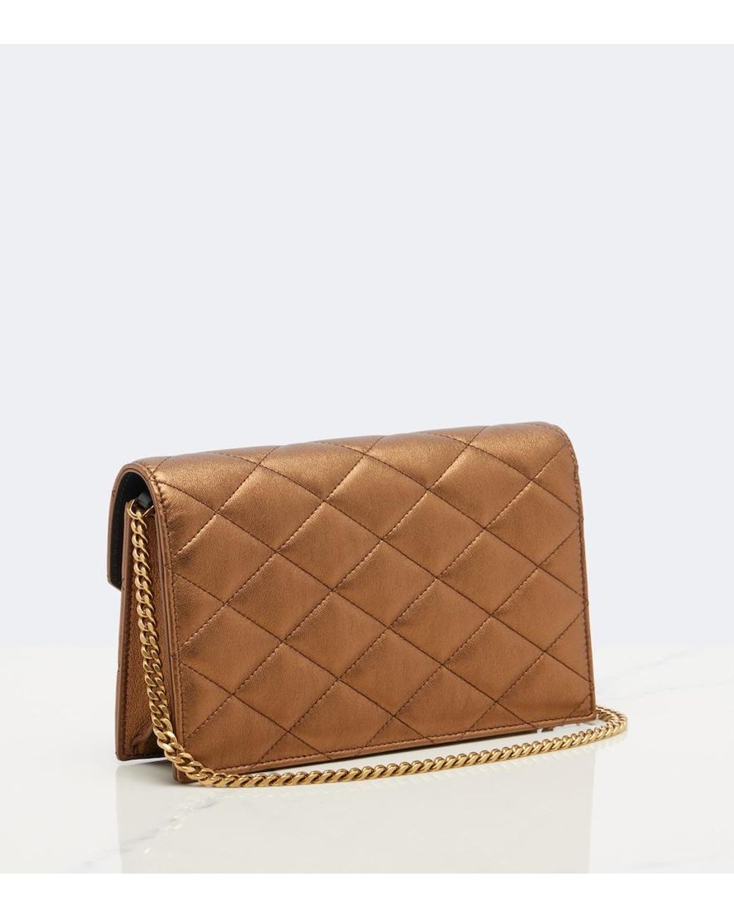 Saint Laurent Brown Paris Metallic Leather Wallet On Chain