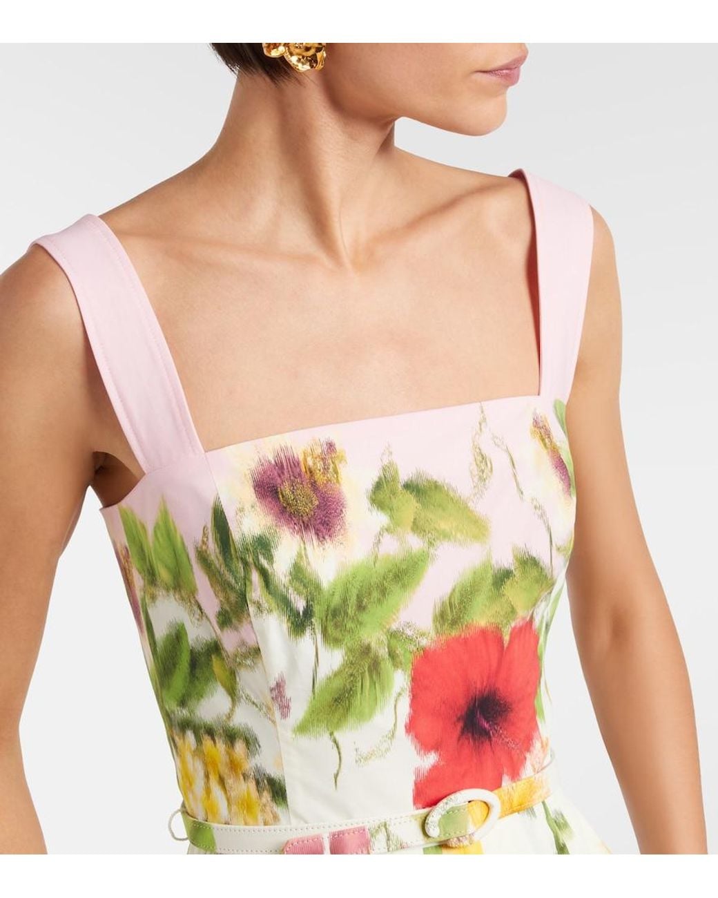 Oscar de la Renta White Belted Floral Cotton-Blend Poplin Midi Dress