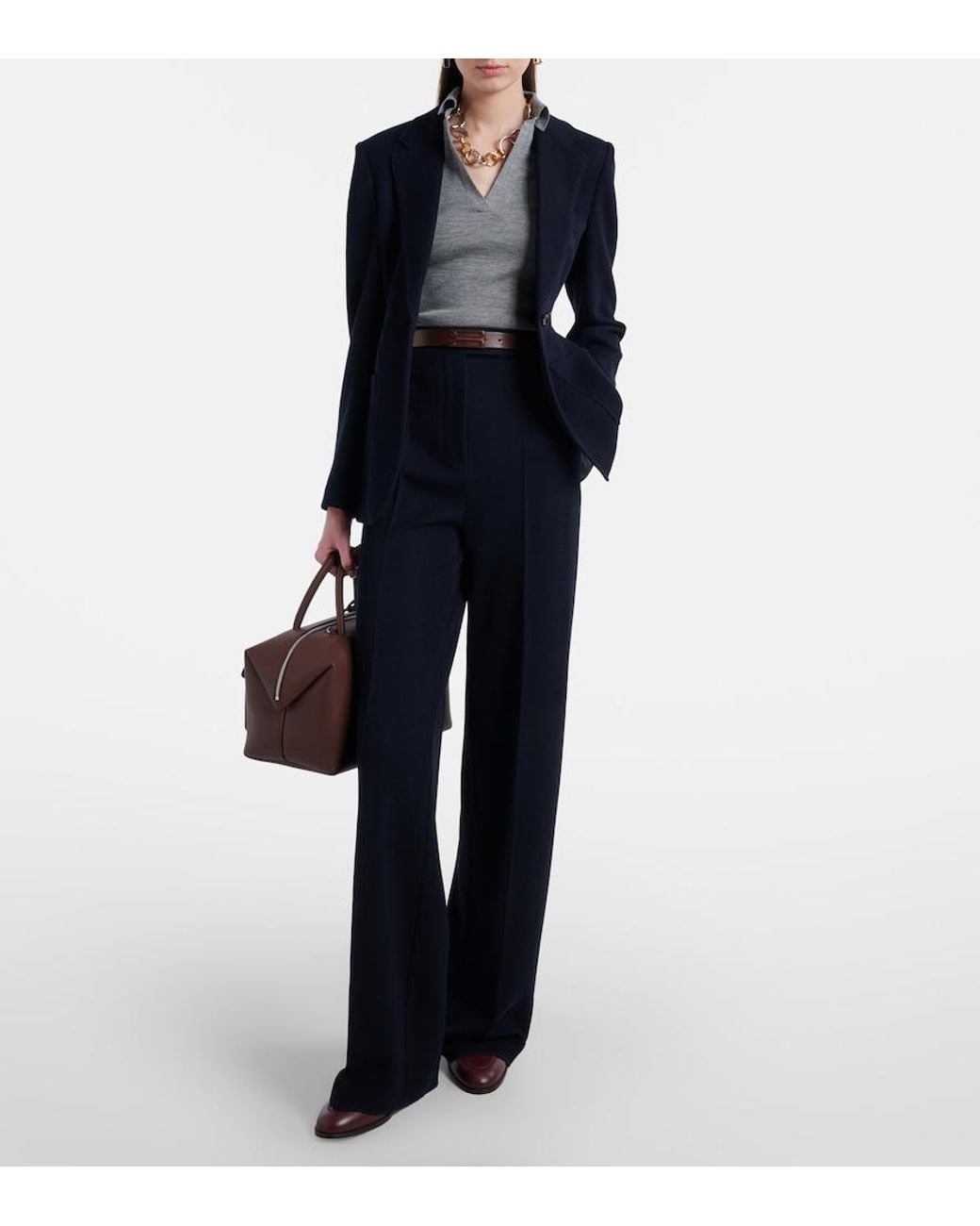 Max Mara Blue Attinia Virgin Wool Pique Wide-Leg Pants