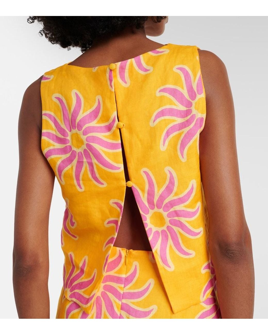 Cala De La Cruz Yellow Avelino Printed Linen Crop Top